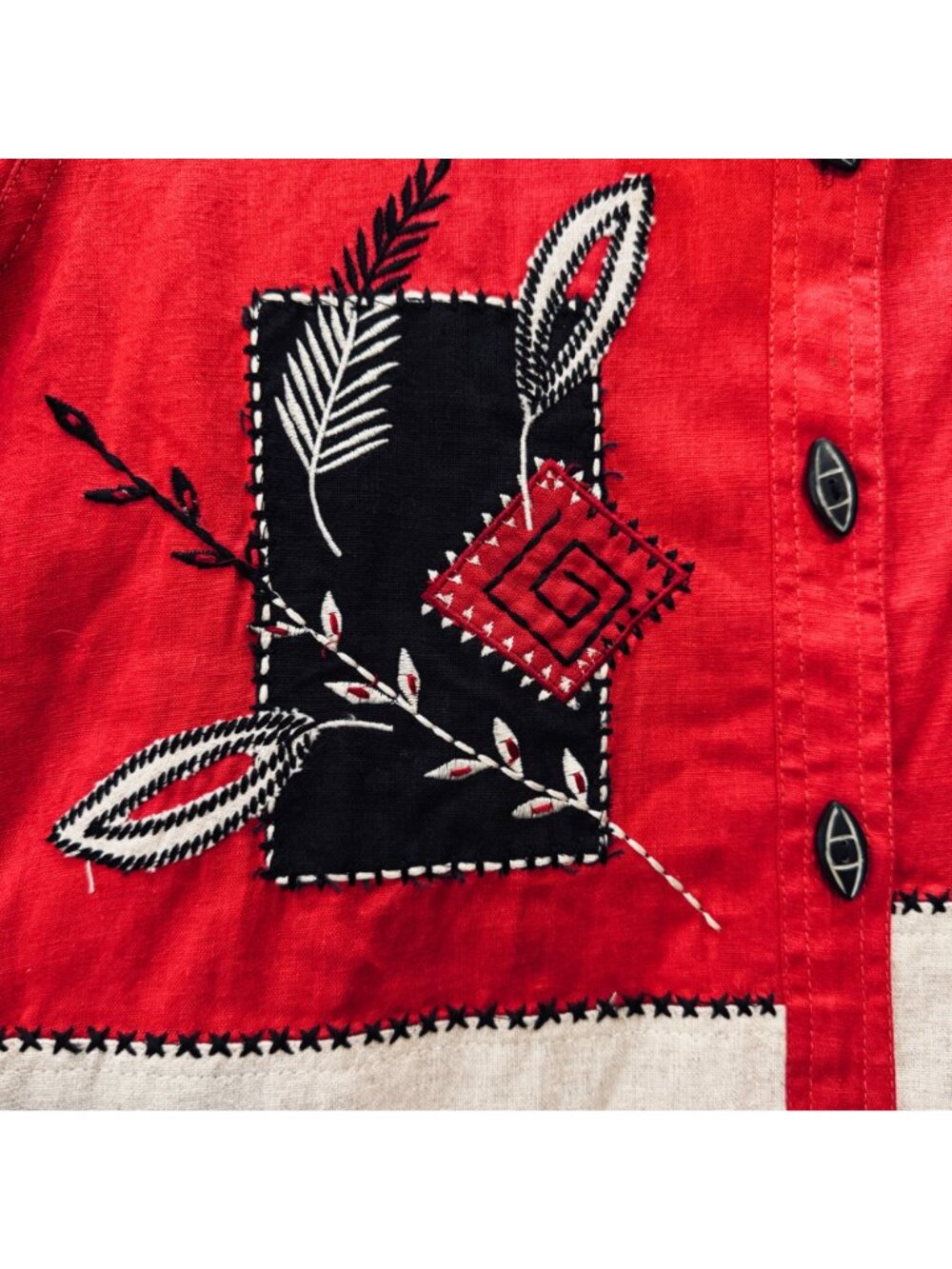 Vintage 90s Linen Blend Top S Color Block Black Red Applique Grannycore Artsy - Picture 4 of 8